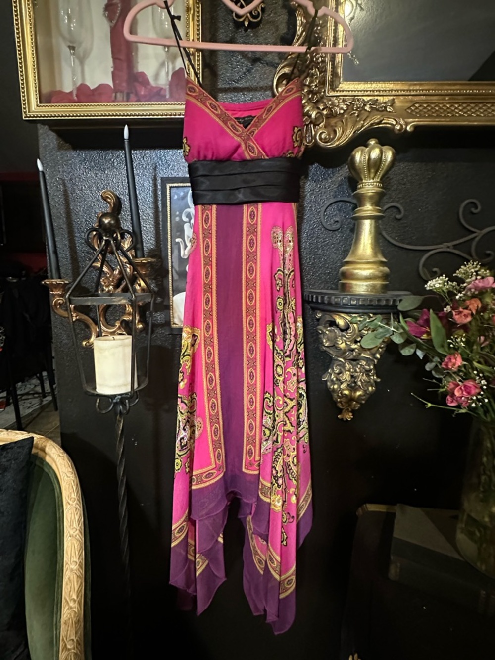Women’s Pink Maxi Dress with Paisley Print and Black Waistband